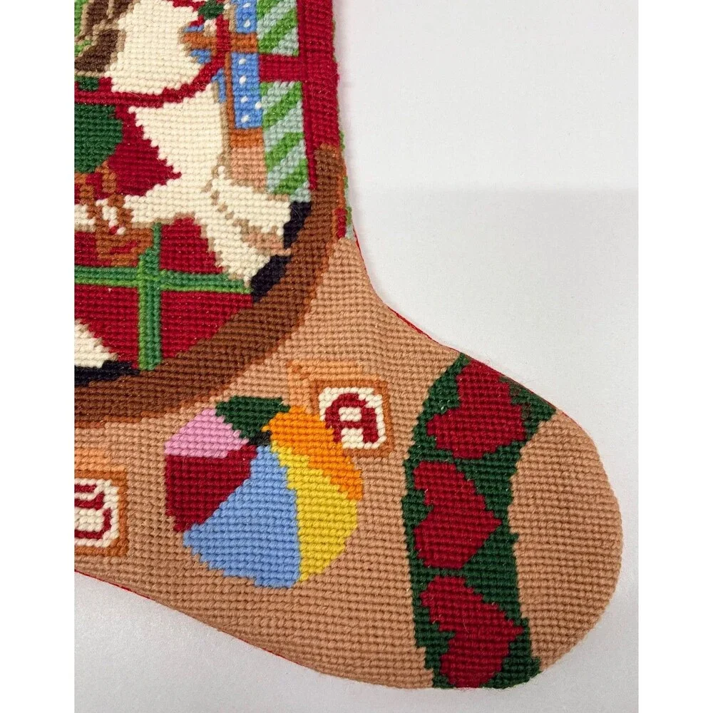 Vintage Wool Needle Point Christmas Stocking Red Velvet Rocking Horse 16”